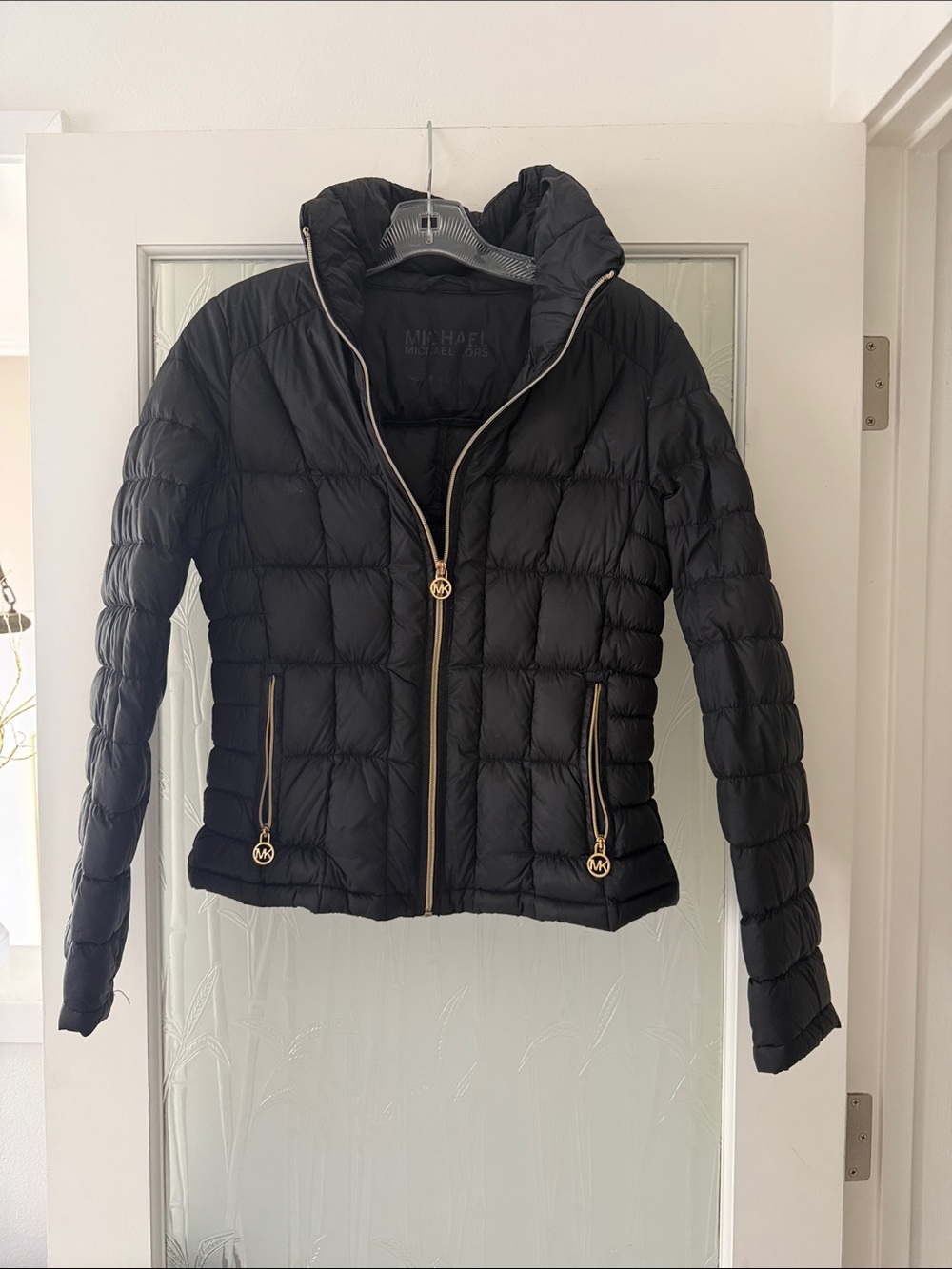 Michael Kors Black Quilted Down Puffer Jacket with Gold Accents